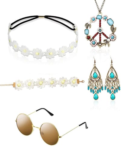 Dailygoods- Hippiekostuumset 5 stuks - Hippiekleding Dames/Heren - Vredesteken Halsketting - Hippiebril - Hoofdband - Oorbellen/Armband