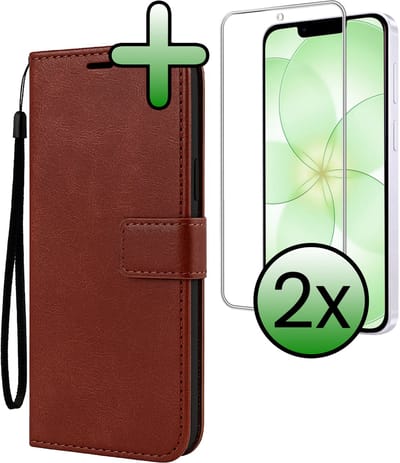 Hoesje Met 2x Screenprotector - Geschikt voor Apple iPhone 17e - Luxe Pasjeshouder - Bookcase Portemonee - Flip Case - Kunstleer Book Case - Flipcase Hoes - Book Cover - Walletcase - Portemonneehoes - Bruin