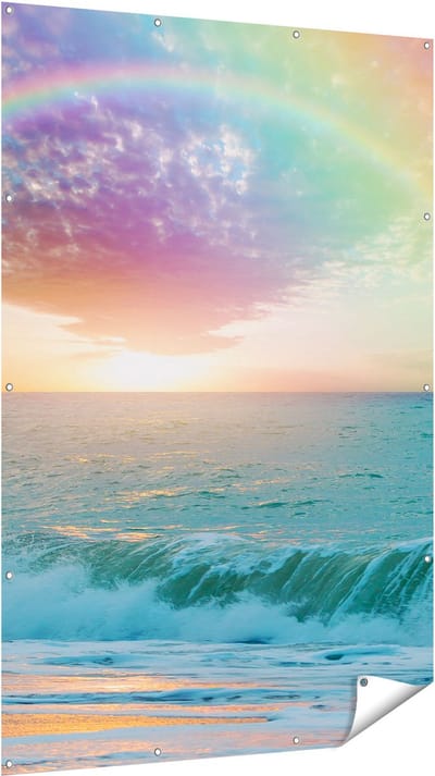 Gards Tuinposter Regenboog in het Water bij het Strand - 120x180 cm - Tuindoek - Tuindecoratie - Wanddecoratie buiten - Tuinschilderij