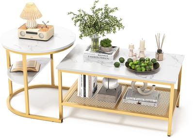 Salontafelset, tweedelige set met in elkaar schuifbare tafel, bijzettafel, woonkamertafel met plank, stapelbare banktafel, goud