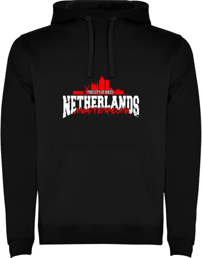 Zwarte Hoodie Amsterdam The city of Bikes Netherlands met skyline Maat M
