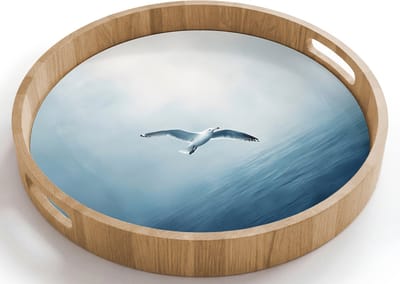 Dienblad rond 40x40 cm - Schootdienblad hout - Meeuw - Wit - Zee - Mistig - Borrelplank rechthoek - Plateau houten dienbladen