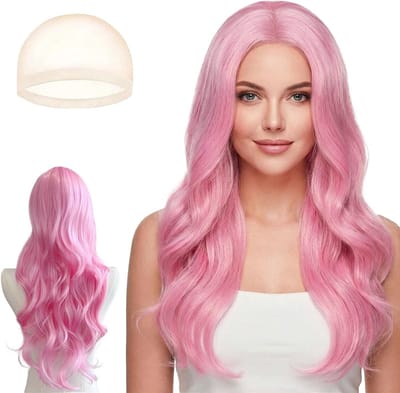 Lange golvende lichtroze pruiken voor vrouwen, 65 cm lange roze golvende pruik voor dames, lang krullend haar pruiken voor vrouwen, voor dagelijks gebruik, feest, cosplay gebruik