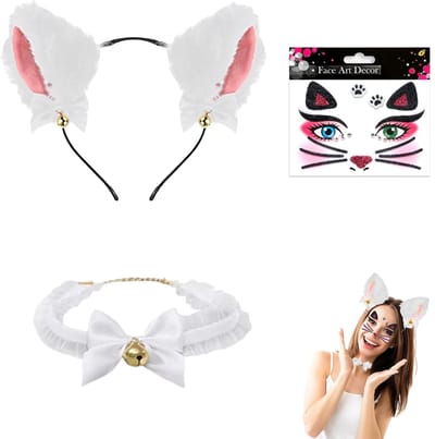 Dailygoods- Kattenaccessoires Set - Witte Kattenoren Haarband - Halsketting met Belletje - Katten Tattoo Sticker - Imitatieleer - Duurzaam en Comfortabel - Kattenkostuum