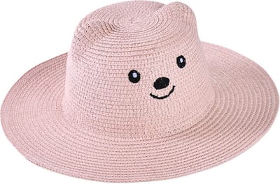 Decopatent - Zonnehoed Kind Meisjes - Zomerhoed met vrolijk gezicht en oren - Kinderhoed - Strohoed UV - Strandhoed Hoofddeksel - Hoed voor Kinderen - Maat: 50-52 Kleur: Licht Roze