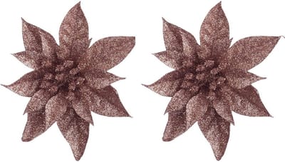 Cosy & Trendy Kerstboomversiering op clip donker beige glitter bloem 15 cm - 5x - donker beige kerstversieringen