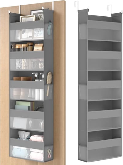 Famanu – Hangende deurorganizer met stoffen plank en transparant mesh, opvouwbare opbergruimte met metalen haken, duifgrijs