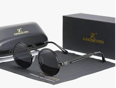 Kingseven Zonnebril - Zwarte Spiegelglazen - Rond Zwart Grijs Montuur - Retro Steampunk Heren - N7579