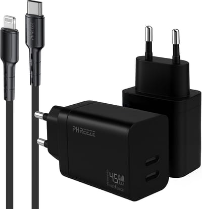 Phreeze Power Delivery snellader geschikt voor iPhone 14 13 12 11 - Geschikt voor Lightning kabel - GaN snel oplader met 2 poorten