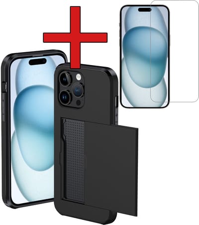 Hoesje Geschikt voor iPhone 15 Pro Hoesje Met Pasjeshouder Hard Case Met Kaarthouder Met Screenprotector - Hoes Geschikt voor iPhone 15 Pro Hoesje Pashouder Case - Zwart