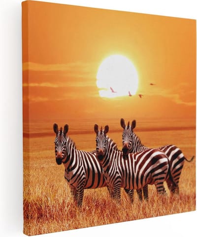 Artaza Canvas Schilderij Afrikaanse Dieren - 30x30 cm - Klein - Wanddecoratie Zebra - Muurdecoratie Savanne - Kamer Accessoires Zonsondergang