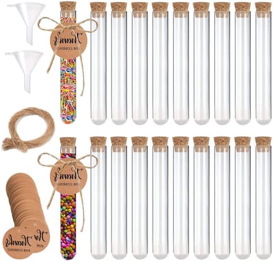 Set van 42 Kork Testbuizen in Transparant Plastic met 50 Kraft Papieren Labels, 2 Trechters en 20 m Jute Touw voor DIY Badzout en Bonbons