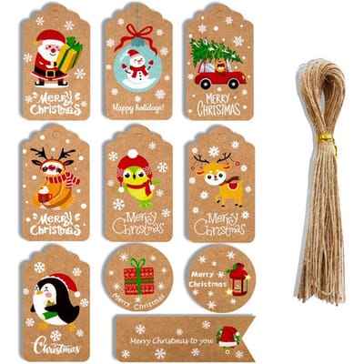 50 pièces Étiquettes en Papier Kraft de Noël DIY Merci Multi-Style Artisanat Étiquette à Suspendre avec Corde Étiquettes Cadeau beige