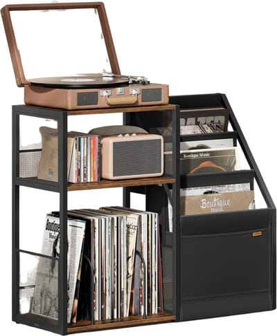 Solayne Platenspeler meubel - IP kast - Platenspeler kast - Vinyl kast - IP meubel - Platenstandaard - 81x30x69 cm - Bruin/Zwart