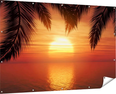 Gards Tuinposter Zonsondergang op het Strand met Palmbomen - 180x120 cm - Tuindoek - Tuindecoratie - Wanddecoratie buiten - Tuinschilderij