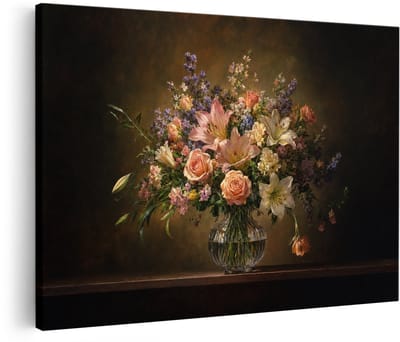 Artaza Canvas Schilderij Bloemen Boeket in Glazen Vaas - Multikleur en Klassiek - 90x60 cm - Wanddecoratie Woonkamer - Schilderijen - Muurdecoratie