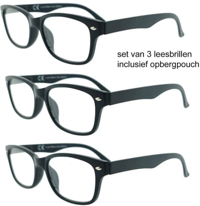Refocus set van 3 leesbrillen +2.00 RR4000 Zwart - Dames - Heren - Leesbril - Voordeel bundel - Rechthoekig