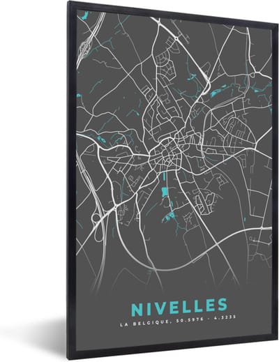 Fotolijst incl. Poster - Stadskaart – Grijs - Kaart – Nivelles – België – Plattegrond - 40x60 cm - Posterlijst