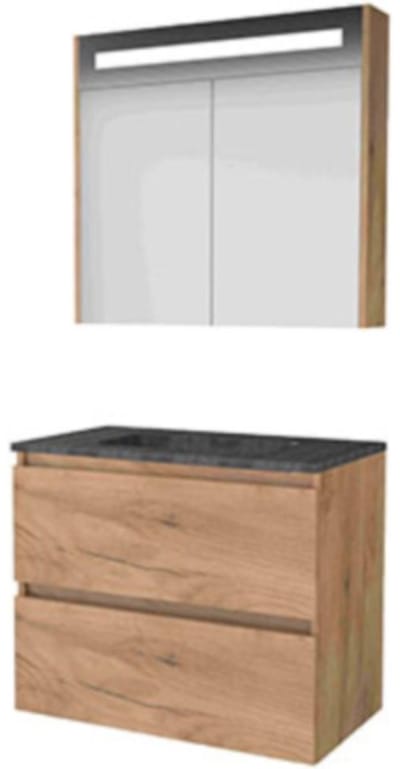 Basic-Line Premium 46 Badkamermeubelset - 80 x 46 cm - Greeploos - 2 Lades - Hardstenen Wastafel - 1 Kraangat - Spiegelkast met LED Verlichting - Whisky Oak