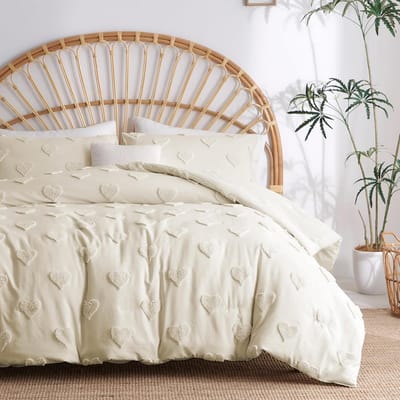 Romantisch beddengoed 135 x 200 cm 2-delig beige kaki effen beddengoed borduurwerk handwerk Boheems zacht warm beddengoedsets gewassen microvezel dekbedovertrek met ritssluiting + kussenslopen 80 x 80
