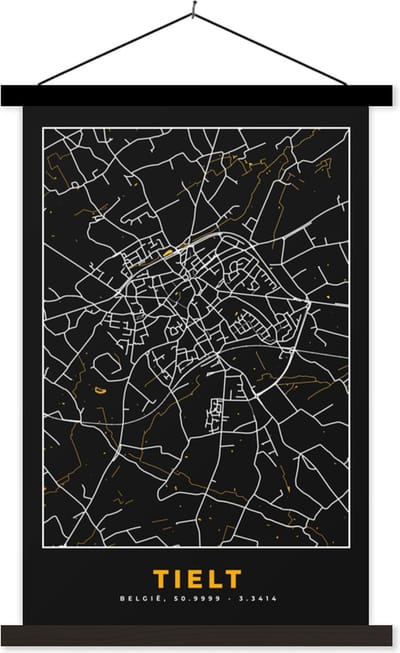 Posterhanger incl. Poster 40x60 cm - Schoolplaat - Stadskaart - Kaart - Tielt - Goud - Plattegrond - Textielposter - Zwarte latten - Stadskaart