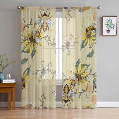 Bij Bloem Blad Boheemse Wind Raam Tule Gordijnen voor Woonkamer Slaapkamer Hotel Luxe Decoratie Transparante Gordijnen 135W x 114H(cm) beige