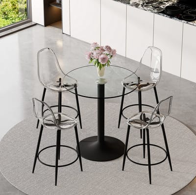 Barset - Glazen Bartafel Met 4 Barkrukken - Transparante Zwevende Uitstraling Met Voetsteun - Voor Open Keuken En Barhoek - Metaal Zwart Transparant