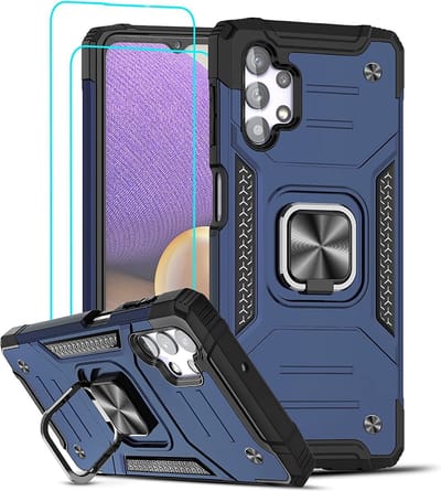 Hoesje Geschikt Voor Samsung Galaxy A32 5G Hoesje Heavy Duty Armor Hoesje Blauw - Galaxy A32 5G Case Kickstand Ring cover met Magnetisch Auto Mount- Hoesje Geschikt Voor Samsung Galaxy A32 screenprotector 2 pack
