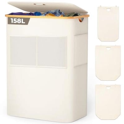 Wasmand met 3 vakken en bamboe handvat, 158 liter, opvouwbaar, met deksel, beige