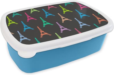Broodtrommel Blauw - Lunchbox - Brooddoos - Eiffeltoren - Patronen - Parijs - 18x12x6 cm - Kinderen - Jongen
