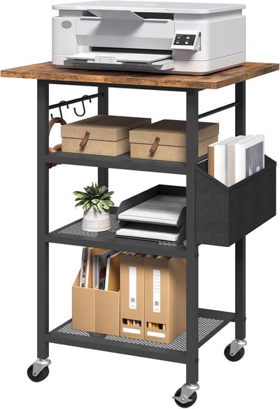 Printerbureau met 4-laags Frame, Verrijdbaar Voetstuk, Printerstandaard, Opbergrek, Industriële stijl, met Zijvak, Metalen Gaasplanken, 2 S-haken, voor Thuiskantoren, Bruin APTHR2601