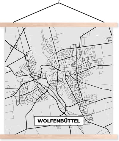 Posterhanger incl. Poster 40x40 cm - Schoolplaat - Stadskaart - Wolfenbüttel - Kaart - Duitsland - Plattegrond - Textielposter - Blanke latten - Stadskaart
