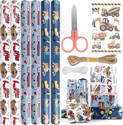 Verjaardagscadeau inpakpapier Set - 6 Vellen 50 x 70 cm met Touw, Schaar en Stickers - Politiewagen, Brandweer en Tractor Inpakpapier voor Jongens