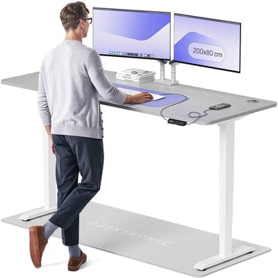 Desktronic HomePro Zit-sta Bureau Elektrisch In Hoogte Verstelbaar, 200x80cm Wit/Grijs, Stille Dubbele Motor, Hoogte 62-126cm