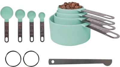 Famanu – Kunststof maatbekers en maatlepels set 9-delig met roestvrijstalen handgrepen en leveller, geschikt voor vaste en vloeibare stoffen