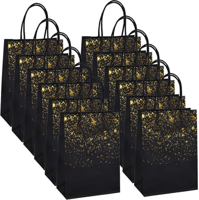 12 Stuks Kraft Papieren Tassen met Handvat, Verjaardag en Bruiloft Cadeautassen met Gouden Ster Decoratie, Milieuvriendelijk en Duurzaam Geschenkverpakking