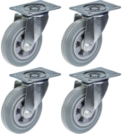 160 mm (6") zwenkwiel met grijze rubberen band, zeer stevig, draagvermogen 540 kg, set van 4