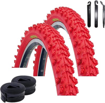 Fietsbanden Set - Banden & Slangen - Mountainbiken - Inclusief Bandenlichters - 24 Inch - Rood
