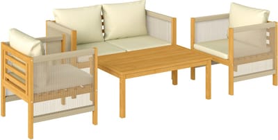 Balkonset 4 personen - Tuinset - Bistroset - Natuurlijk hout + Beige - Weerbestendig - 5 delig - 4 stoelen - 4 personen - Hout