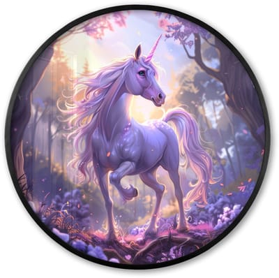 Poster in lijst Rond - Fotolijst 60x60 cm - Posters - Eenhoorn - Paars - Sprookje - Fantasy dier - Ronde posterlijst zwart - Decoratie - Wanddecoratie woonkamer - Muurdecoratie slaapkamer
