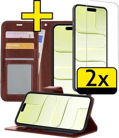 Hoesje - Met 2x Screenprotector - Geschikt voor Apple iPhone Air - Luxe Pasjeshouder - Bookcase Portemonee - Flip Case - Kunstleer Book Case - Flipcase Hoes - Book Cover - Walletcase - Portemonneehoes - Telefoonhoesjes - Bruin