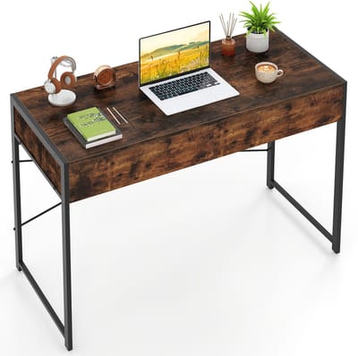 COSTWAY Computertafel met 2 laden, bureau met metalen frame, multifunctionele werktafel, make-uptafel 111 × 48 × 76 cm voor slaapkamer, thuiskantoor