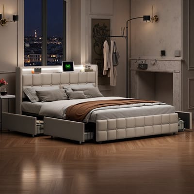 Opbergbed 160x200 cm – Tweepersoonsbed met 4 Lades, LED-Hoofdbord, USB-Oplaadfunctie, Beige Linnen