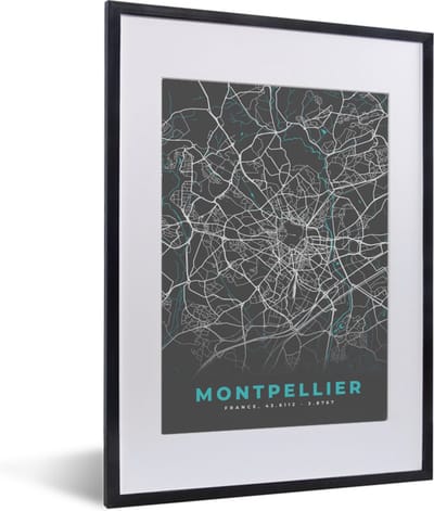 Fotolijst incl. Poster - Montpellier - Frankrijk - Stadskaart - Kaart - Plattegrond - 30x40 cm - Posterlijst