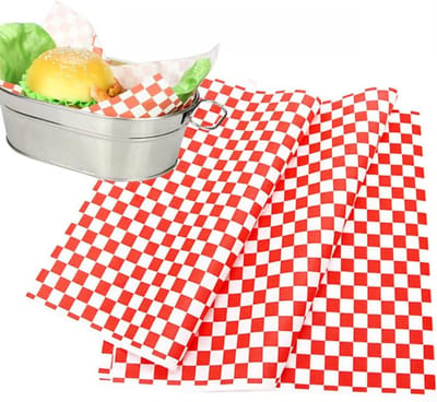 Ronte - Rood & wit geruit Deli papieren vellen - Voedsel inpakpapier - Vetbestendig - Hamburger voedsel mand voeringen - 100 vellen (12x12 inch)