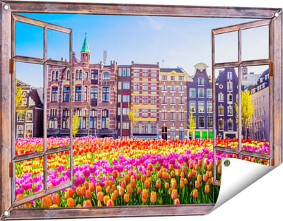 Gards Tuinposter Doorkijk Amsterdamse Huisjes met Tulpen - Kleur - 90x60 cm - Tuindoek - Tuindecoratie - Wanddecoratie buiten - Tuinschilderij