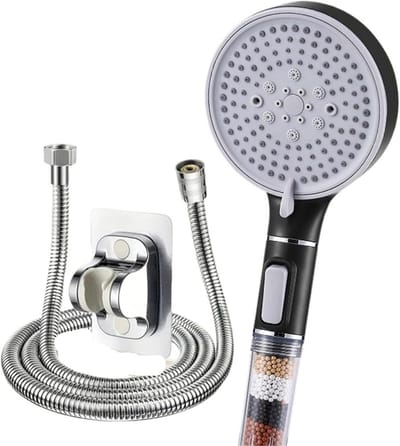 Douchekop met slang-douchekop met slang en wandhouder - Hogedrukdouchekop met vijf snelheden, filter en schakelaar - Waterbesparende douchekop voor campers en caravans - Slang van 1,5 m - zwart set - 29x12 cm