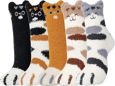 MDUG 5 Damessokken van fleece met kattenprint - One size fits all - Warme wintersokken - Leuk kattenpootafdrukpatroon - Comfortabele en warme sokken met kattenprint
