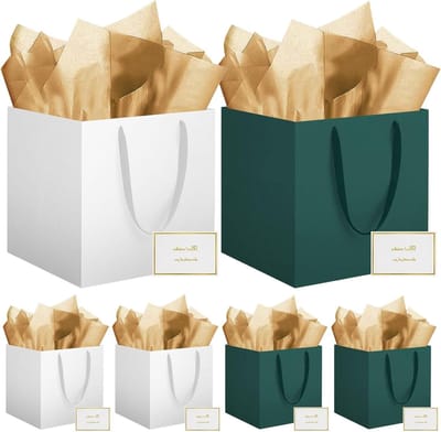 SnelShoppen - Pack van 6 Vierkante Grote Cadeauzakken met Tissuepapier en Kaarten 30x30x30 cm voor Verjaardagen, Bruidsmeisjes en Trouwen - Groen en B