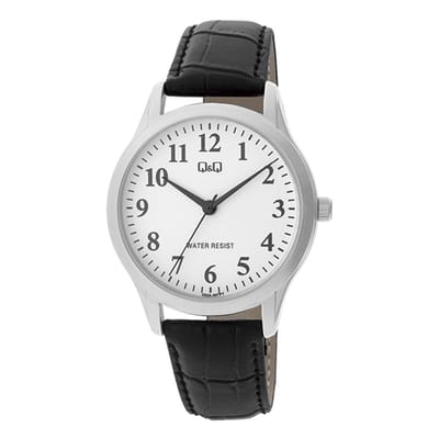 Q&Q C02A-007PY - Horloge - Heren - Mannen - Leren band - Rond - Staal - Zwart - Zilverkleurig